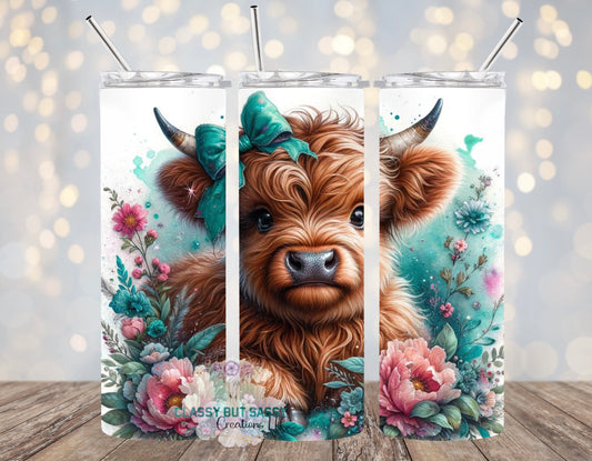 Teal Floral Highland Cow